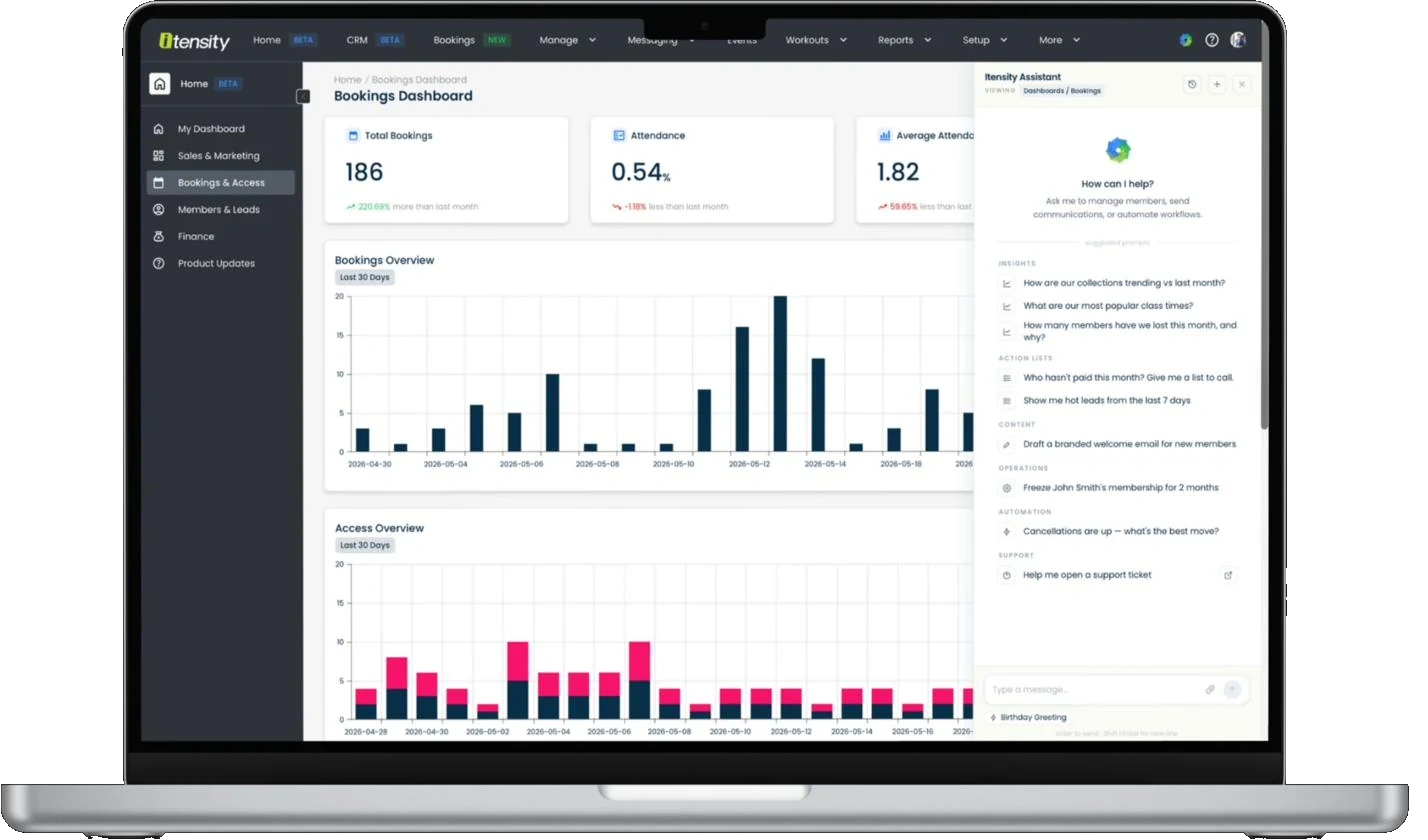 Itensity Assistant — Bookings dashboard with the AI sidebar
